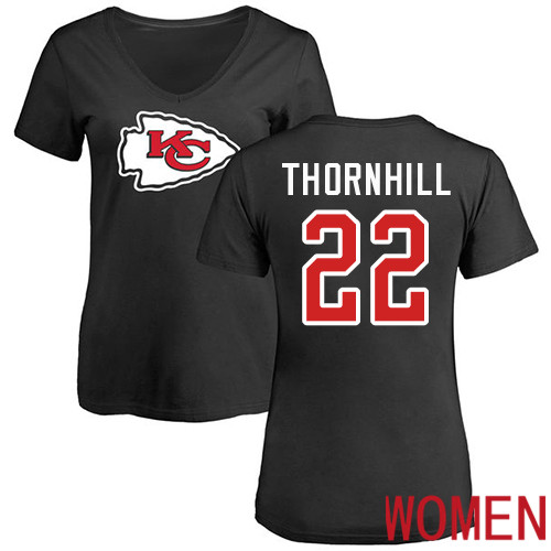 Women Football Kansas City Chiefs #22 Thornhill Juan Black Name and Number Logo Slim Fit T-Shirt